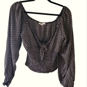 Blush J Top Blouse Long Poofy Sleeve Elastic Smocked Waist L Peasant Tie Front